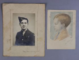 Photograph of an airman together with a watercolour of child (possibly the airman when younger)