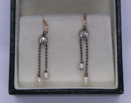 Fine pair of Edwardian 18ct gold & platinum, diamond & pearl drop earrings