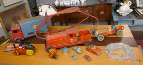 Collection of tin plate toys to include Triang together with a rocking horse