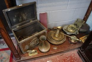 Collection of brass and copper ware to include log box, boxed carving set etc