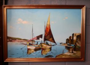 Oil on canvas - Harbour scene - Approx image size: 90cm x 59cm