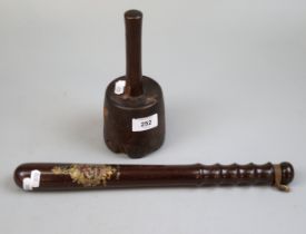 Police truncheon dated 1916-1919 together with a stone masons mallet