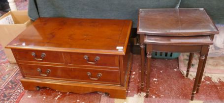 Yew wood cabinet together with nest of tables