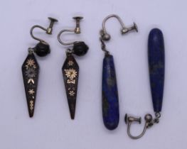 Pair of Victorian pique drop earrings together with pair of 1920s Lapis Lazuli drop earrings