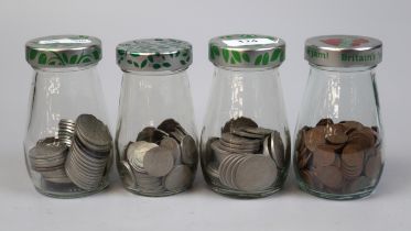 4 jars of coins to include GVI and QEII half crowns, pre decimal half pennies etc.