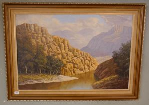 R C Roelofsz oil on board - Mountain scene - Approx image size: 90cm x 60cm