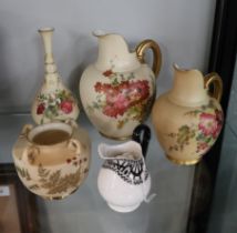 Collection of antique hand-painted mostly Royal Worcester Blush Ivory to include flat back jugs