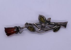Silver & amber rose brooch