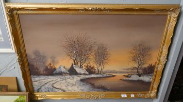 Oil on canvas of a winter rural scene signed Burgy - Approx image size: 88cm x 58cm