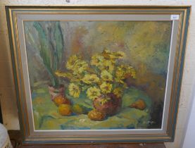 Impressionist oil on board of still life signed H Lemoine - Approx image size: 70cm x 58cm