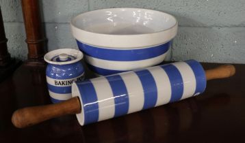 TG Green Cornishware mixing bowl/pudding basin together with rolling pin and baking powder pot