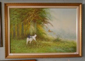 Oil on canvas of hunting dog signed Elford - Approx image size: 90cm x 60cm