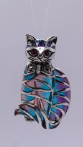 Silver enamel ruby eyed cat brooch/pendant