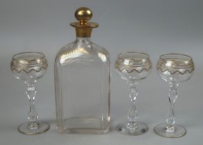 3 gilded Saint Louis crystal 19thC wine glasses together with a Georgian decanter