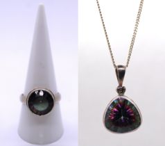 Silver mystic topaz set necklace and ring
