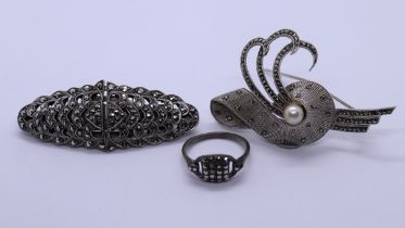 2 1930s silver and marcasite brooches together with ring