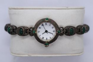 Ladies silver and malachite wrist watch