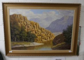 R C Roelofsz oil on board - Mountain scene - Approx image size: 90cm x 60cm