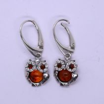 Pair of silver and amber owl earrings