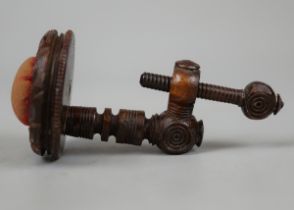 Victorian turned oak sewing clamp with velvet pin cushion