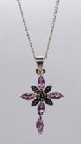 Silver and amethyst cross on chain