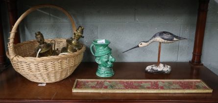 Basket of collectibles to include a needlework panel