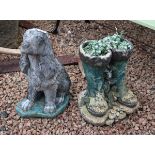 Ornamental stone dog together with stone wellingtons