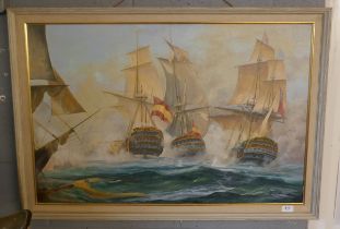 Oil on canvas depicting HMS Victory at the Battle of Trafalgar signed Max Rouse - Approx 90cm x 59cm