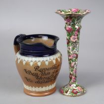 Ceramic Victorian Royal Doulton 'Remember Me' jug together with an early 1900s Ducal bud vase.