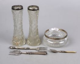 Collection of hallmarked silver topped glassware together with 2 pickle forks