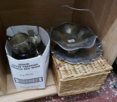 Collection of silver plate in basket