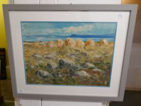 Oil painting by Hugh McIlfatrick Coastal scene with haystacks - Approx 56cm x 42cm