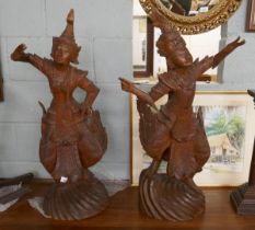 Pair of large Burmese hardwood deity figures - Approx height of tallest 91cm