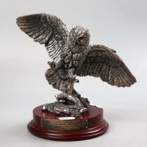 Silver (filled) owl on wooden base - Approx height 20cm
