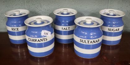 Collection of 5 TG Green Cornishware jars
