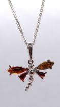 Silver and amber butterfly pendant on chain