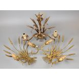 Vintage French gilt wheatsheaf pendant light with pair of matching sconces