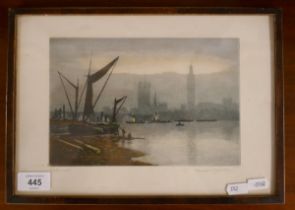 Small framed hand coloured etching of Westminster and the Thames