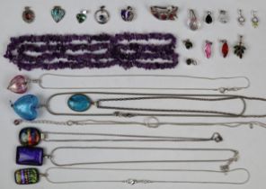 Collection of silver necklaces together with Amethyst necklace, pendants etc