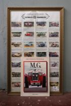 Framed MG famous marques collectors cards together with a poster book