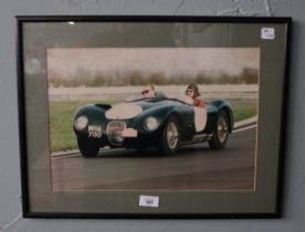 Framed photograph of a racing D type Jaguar - Approx 52cm x 40cm