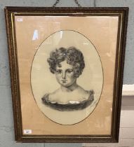 Victorian pencil drawing of young woman - Approx image size: 35cm x 47cm