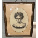 Victorian pencil drawing of young woman - Approx image size: 35cm x 47cm