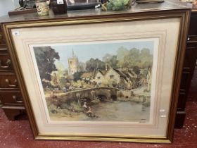 Signed Sturgeon print - Village river scene