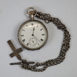 Fine silver 935 Elgin pocket watch on Hallmarked silver Albert chain with crucifix