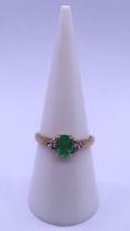 9ct gold emerald & diamond set ring - Size M