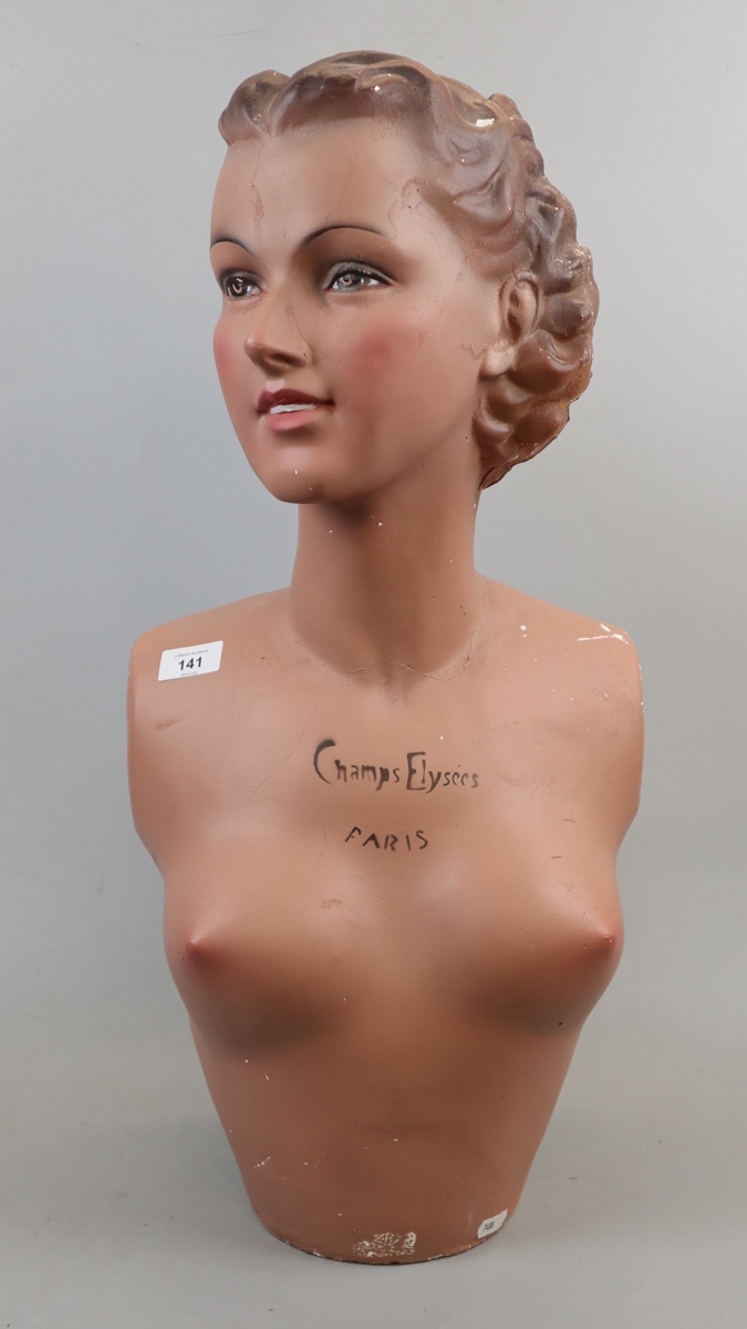 1930s French mannequin head and torso marked Champs Elysees, Paris - Approx height: 64cm