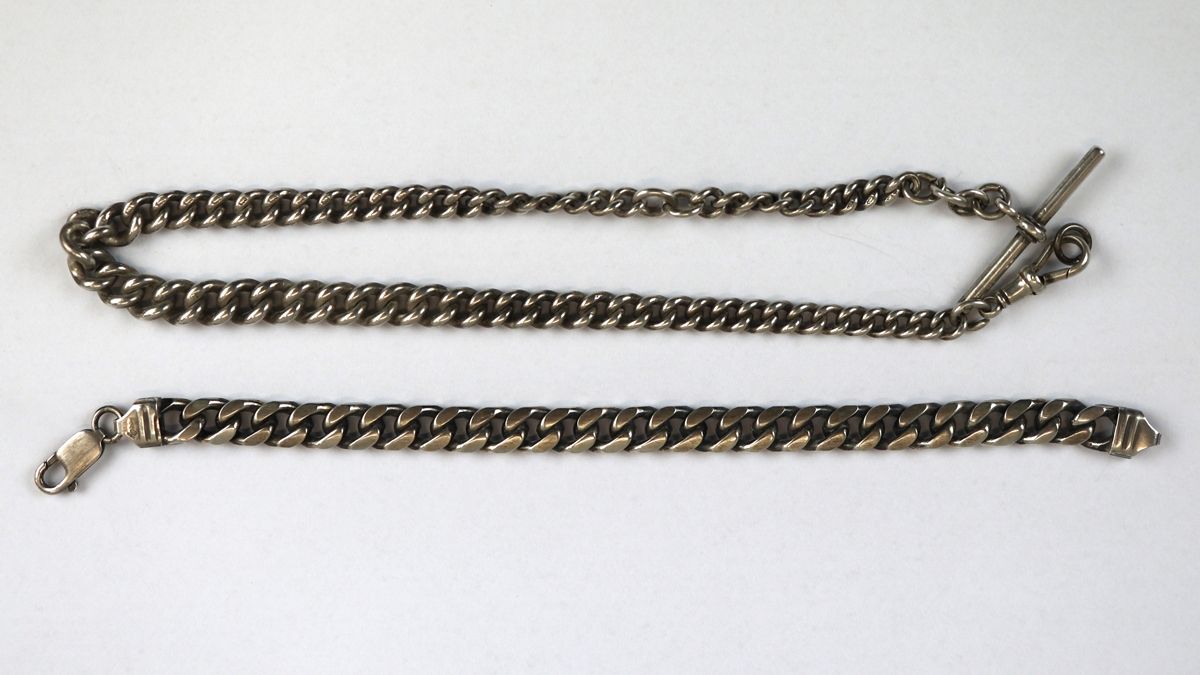 Hallmarked silver belcher bracelet together with a silver albert chain