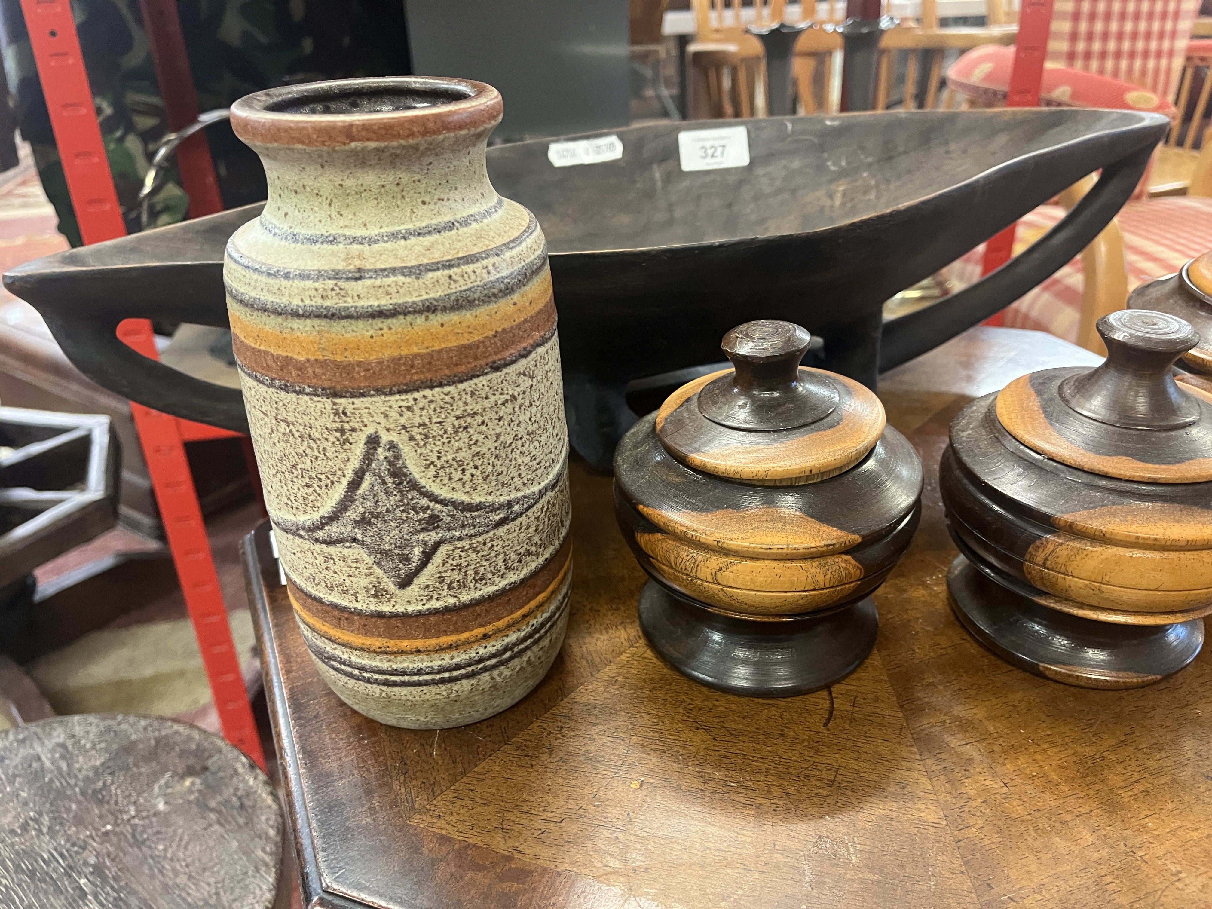 Interesting African bowl together with a pot and 3 lidded wooden urns - Image 2 of 5