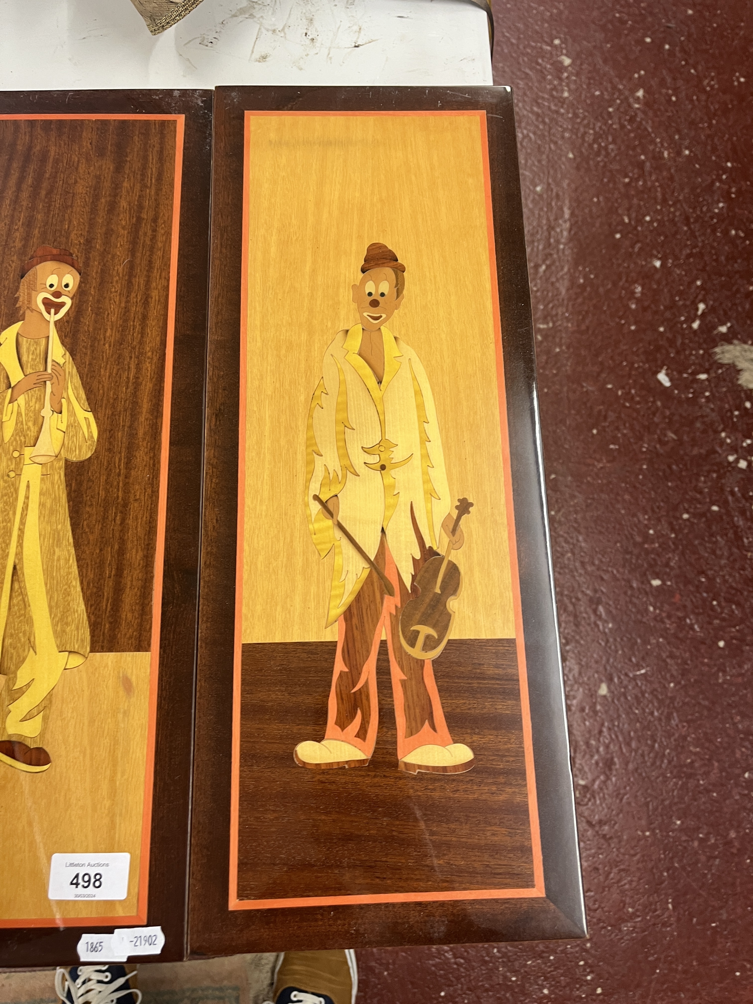 Set of 6 Italian marquetry wooden pictures of clowns - Image 3 of 7